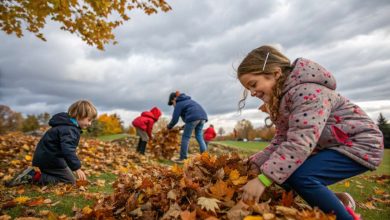 Kids enjoying autumn activities outdoors – playing in leaves, doing fall crafts, and having fun in nature