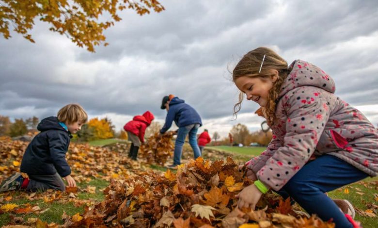 Kids enjoying autumn activities outdoors – playing in leaves, doing fall crafts, and having fun in nature