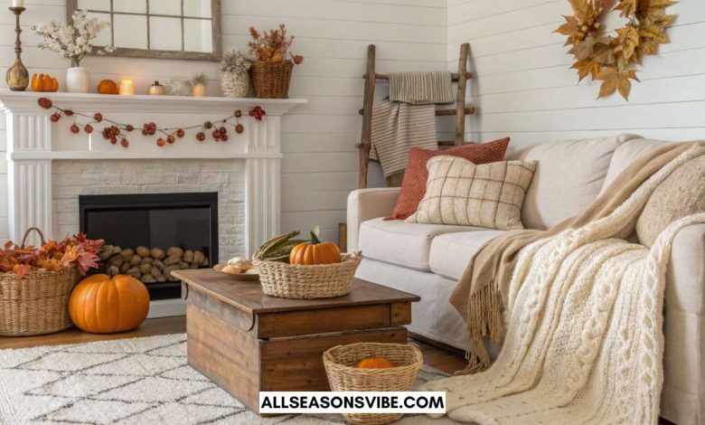 Warm and cozy fall decorating ideas for living room with neutral tones, pumpkins, and layered textures