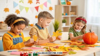 A group of children happily making easy fall crafts with leaves, pumpkins, and colorful paper at a classroom craft table.