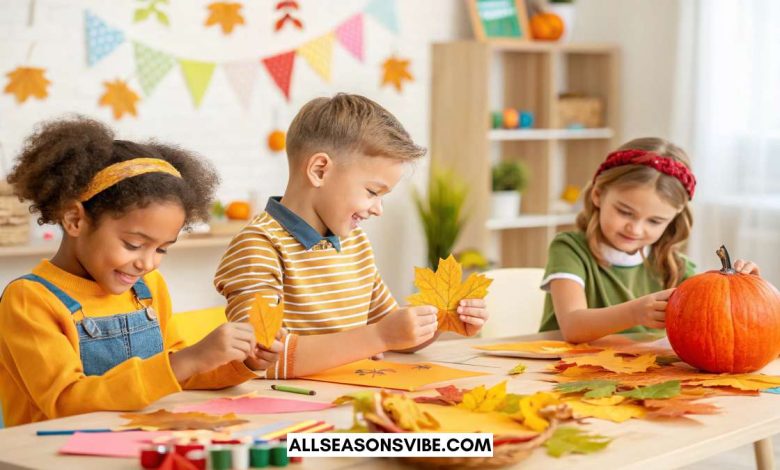 A group of children happily making easy fall crafts with leaves, pumpkins, and colorful paper at a classroom craft table.