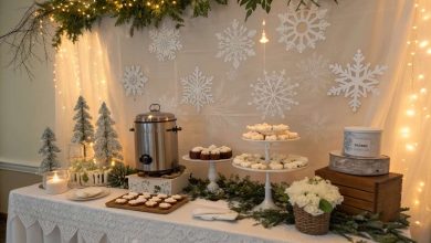 Cozy winter baby shower table with snowflake décor, white florals, eucalyptus, and a hot cocoa bar