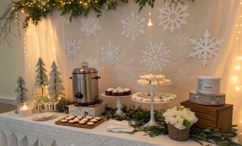 Cozy winter baby shower table with snowflake décor, white florals, eucalyptus, and a hot cocoa bar