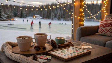 Cozy winter bucket list scene with hot cocoa, fairy lights, ice skating and board games