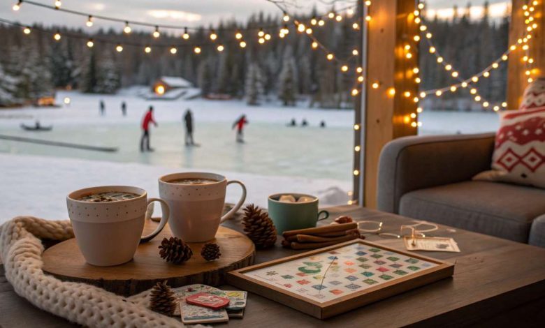 Cozy winter bucket list scene with hot cocoa, fairy lights, ice skating and board games