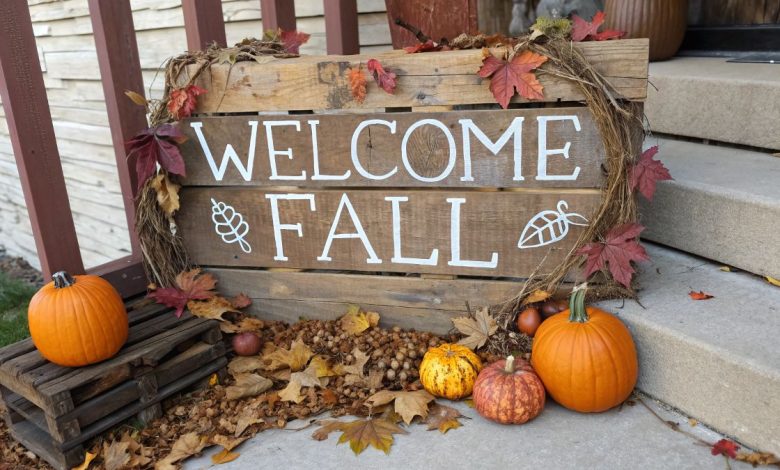 rustic wooden sign with autumn leaves and pumpkins fall wood crafts