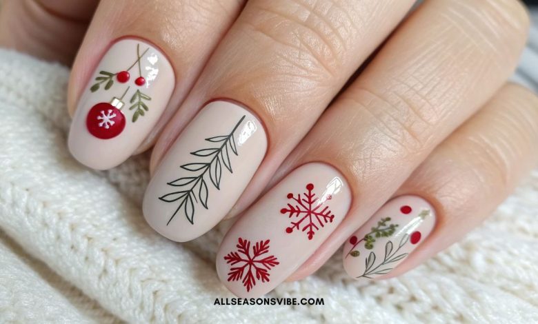 Classy Christmas nails with subtle red and neutral holiday designs