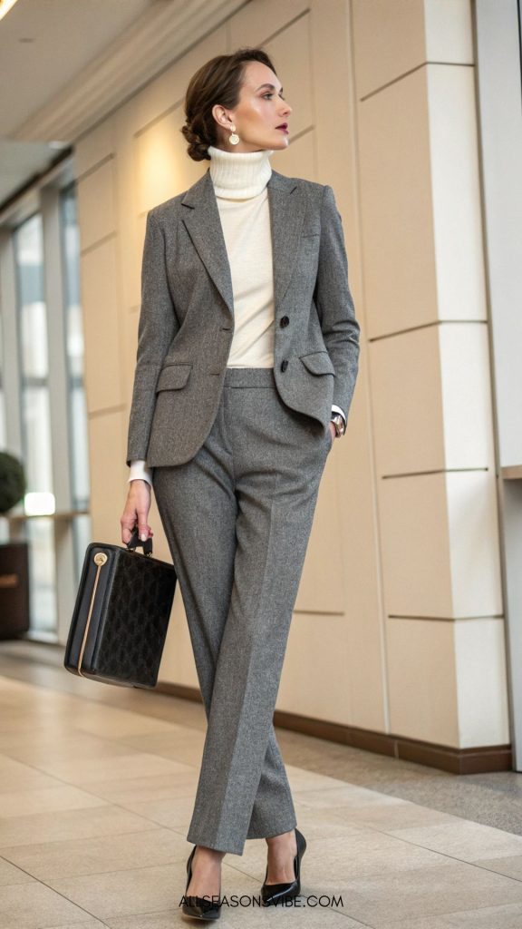 Classy Winter Outfits for the Office Gray Wool Suit Turtleneck
