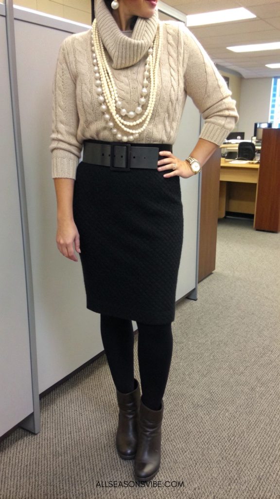 Classy Winter Outfits for the Office Pencil Skirt Chunky Knit Tights