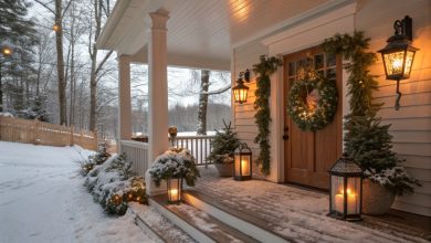 Cozy winter porch decor with lanterns, greenery, and seasonal planters