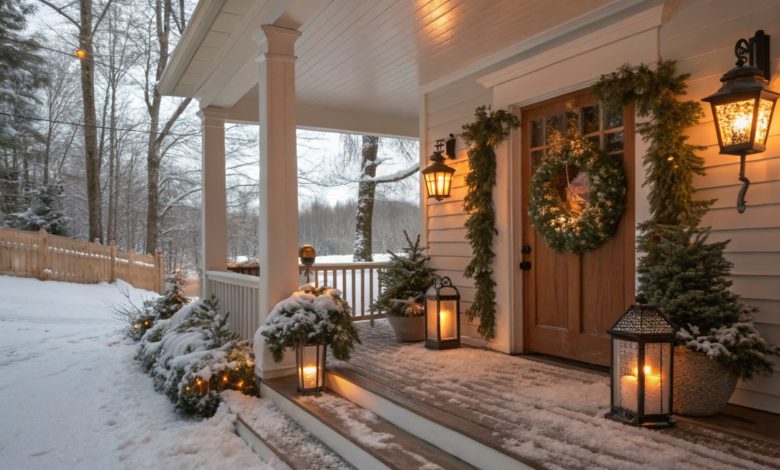 Cozy winter porch decor with lanterns, greenery, and seasonal planters