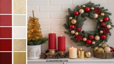 Modern Christmas color palette featuring red, gold, and neutral tones for holiday décor and design inspiration