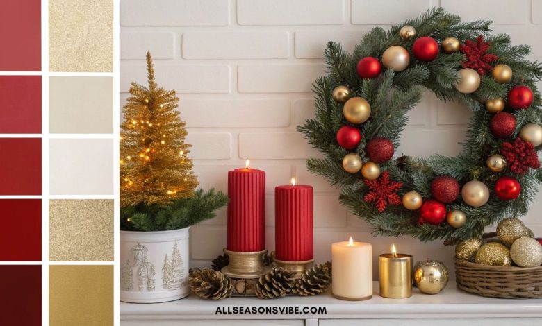 Modern Christmas color palette featuring red, gold, and neutral tones for holiday décor and design inspiration