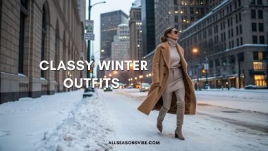 Woman wearing a classy winter outfit with a camel coat, turtleneck, and chic boots in a snowy city street