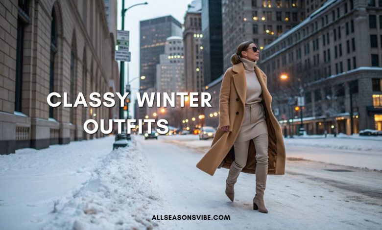 Woman wearing a classy winter outfit with a camel coat, turtleneck, and chic boots in a snowy city street