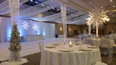 elegant winter wonderland party setup with snowy décor and twinkling lights