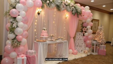 pink winter wonderland baby shower ideas setup with pink and white decor