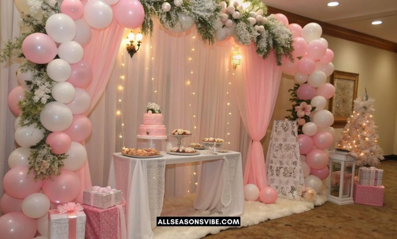 pink winter wonderland baby shower ideas setup with pink and white decor