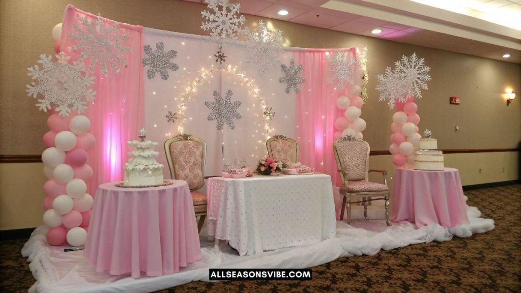 pink winter wonderland baby shower ideas with pink and white decor