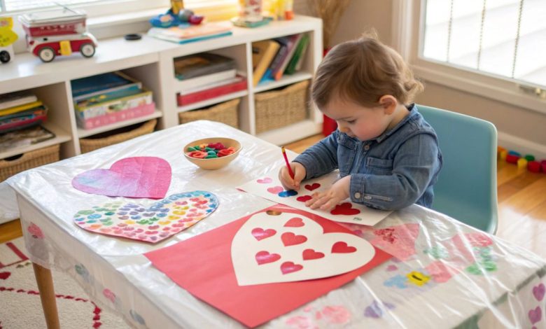 Toddler creating heart shaped Valentines Day craft with colorful paper and paint