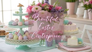 beautiful Easter dining table centerpiece with flowers cake stands and pastel decor