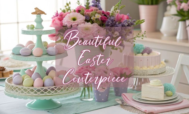 beautiful Easter dining table centerpiece with flowers cake stands and pastel decor