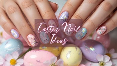 pastel easter nail ideas with bunny and floral designs in pink and blue