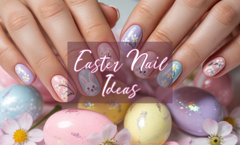 pastel easter nail ideas with bunny and floral designs in pink and blue