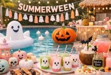 Aesthetic Summerween party setup with pastel pumpkins, pool floats, spooky snacks, and summer decorations
