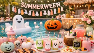 Aesthetic Summerween party setup with pastel pumpkins, pool floats, spooky snacks, and summer decorations