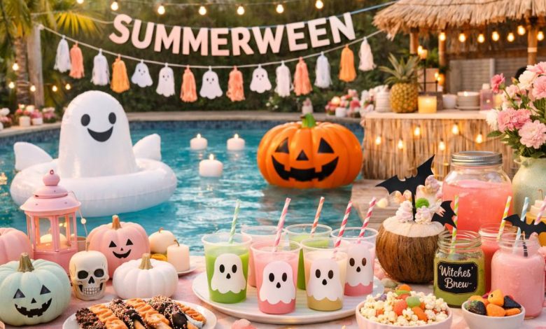 Aesthetic Summerween party setup with pastel pumpkins, pool floats, spooky snacks, and summer decorations