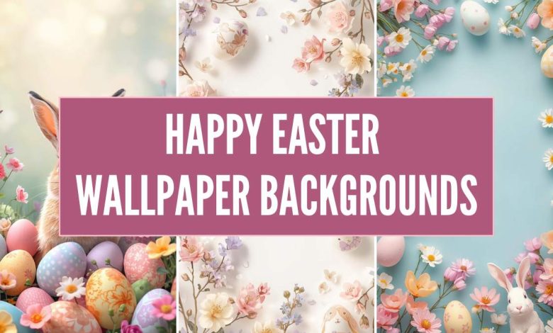 Happy easter wallpaper backgrounds with pastel eggs, bunny, and spring flowers aesthetic design (4)