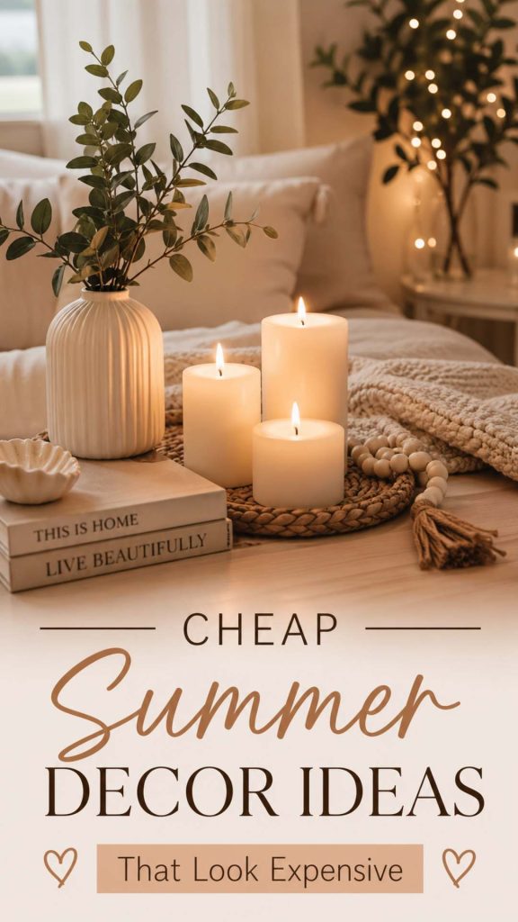 A cozy setup with white candles relaxing summer evening vibe