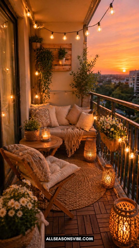 cozy balcony lighting ideas summer evening