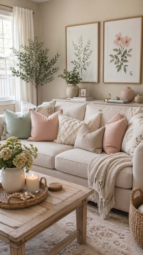 stylish sofa with neutral and pastel cushion covers cozy summer living room