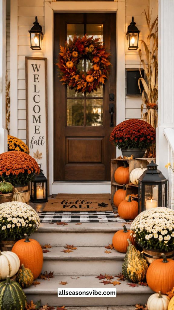 cozy fall front porch decor with pumpkins and mums