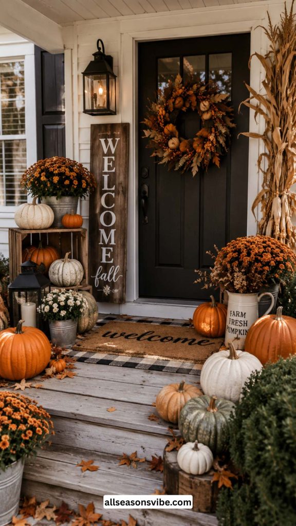 farmhouse style fall porch with pumpkins