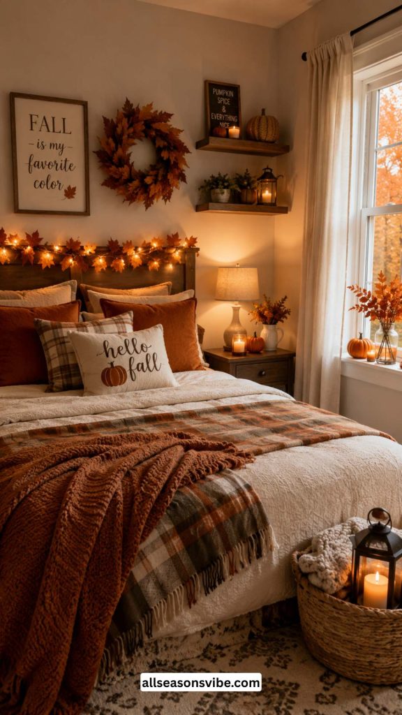 small bedroom decorated for fall season