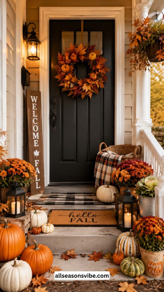 small front porch decorated for fall season
