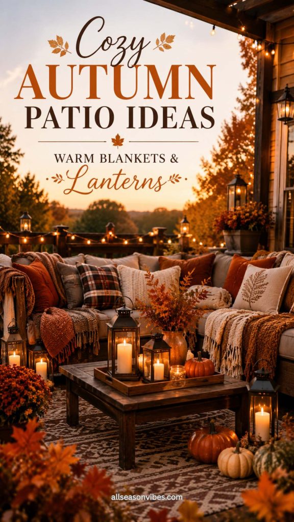 Autumn patio seating area with warm blankets and lanterns