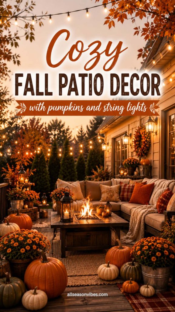 Cozy fall patio decor with pumpkins and string lights