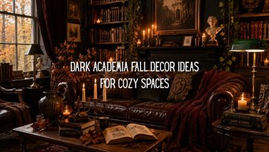 dark academia fall living room with books and candles