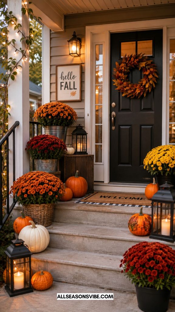 Budget friendly fall front porch decor with mums and lanterns