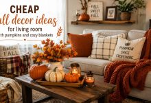 Cheap fall decor ideas for living room with pumpkins and cozy blankets