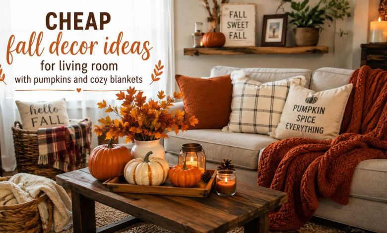 Cheap fall decor ideas for living room with pumpkins and cozy blankets