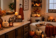 cozy fall bathroom decor ideas with pumpkins and candles