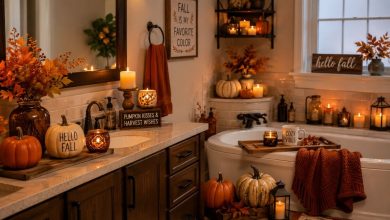 cozy fall bathroom decor ideas with pumpkins and candles