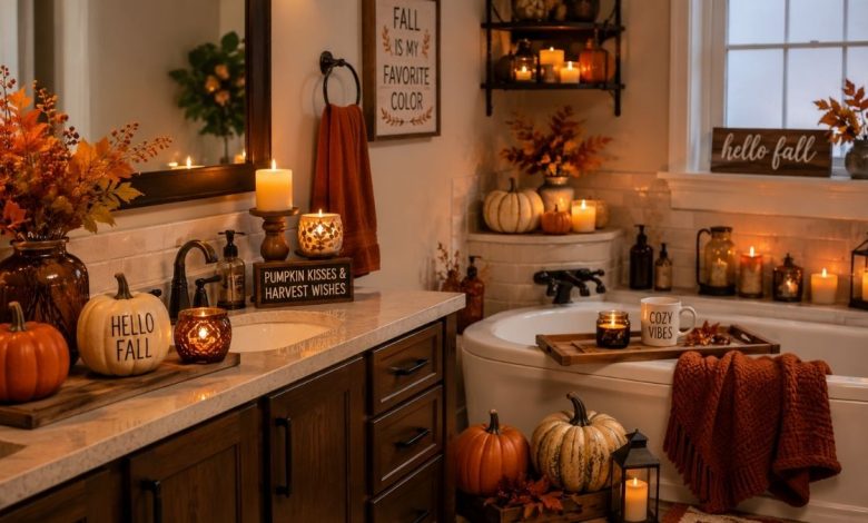 cozy fall bathroom decor ideas with pumpkins and candles