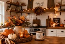 cozy fall kitchen decor ideas with pumpkins and warm accents
