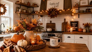 cozy fall kitchen decor ideas with pumpkins and warm accents